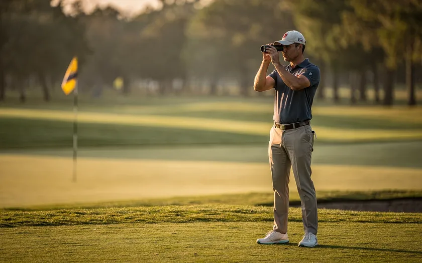 Golfare använder avståndsmätare för att mäta till flaggan på golfbanan