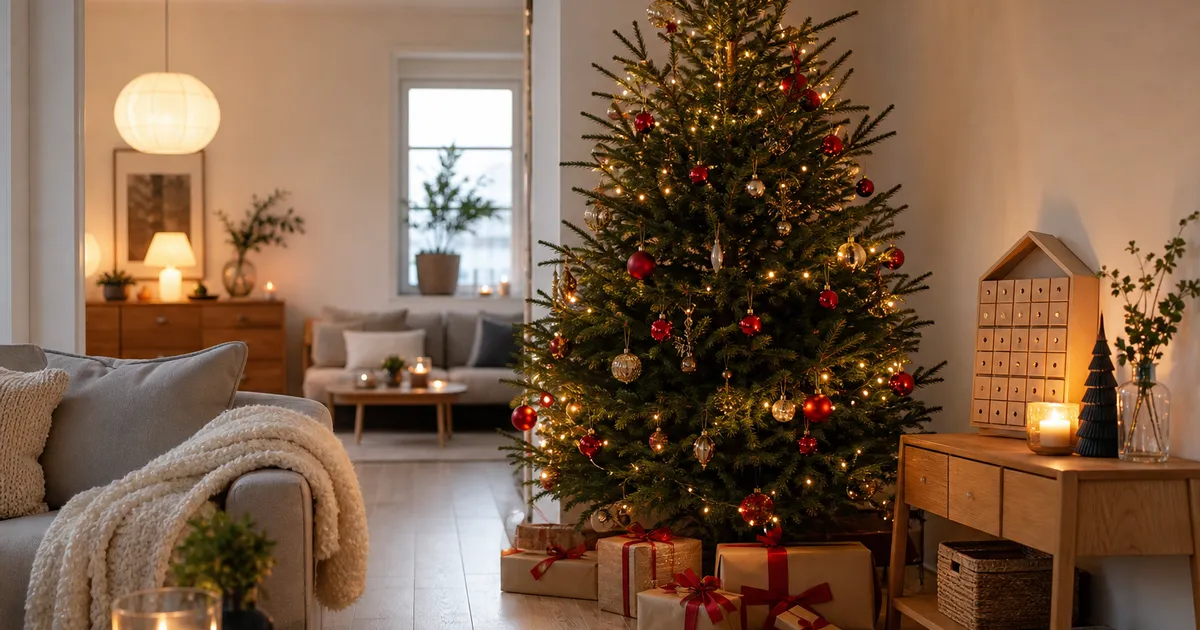 Pyntad julgran med klappar i ett ljust skandinaviskt vardagsrum