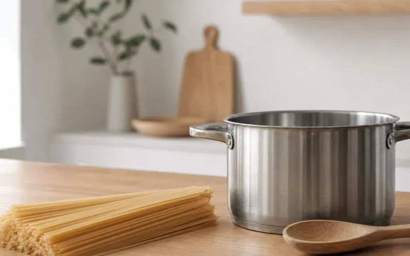 Torr spaghetti och en kastrull på en köksbänk