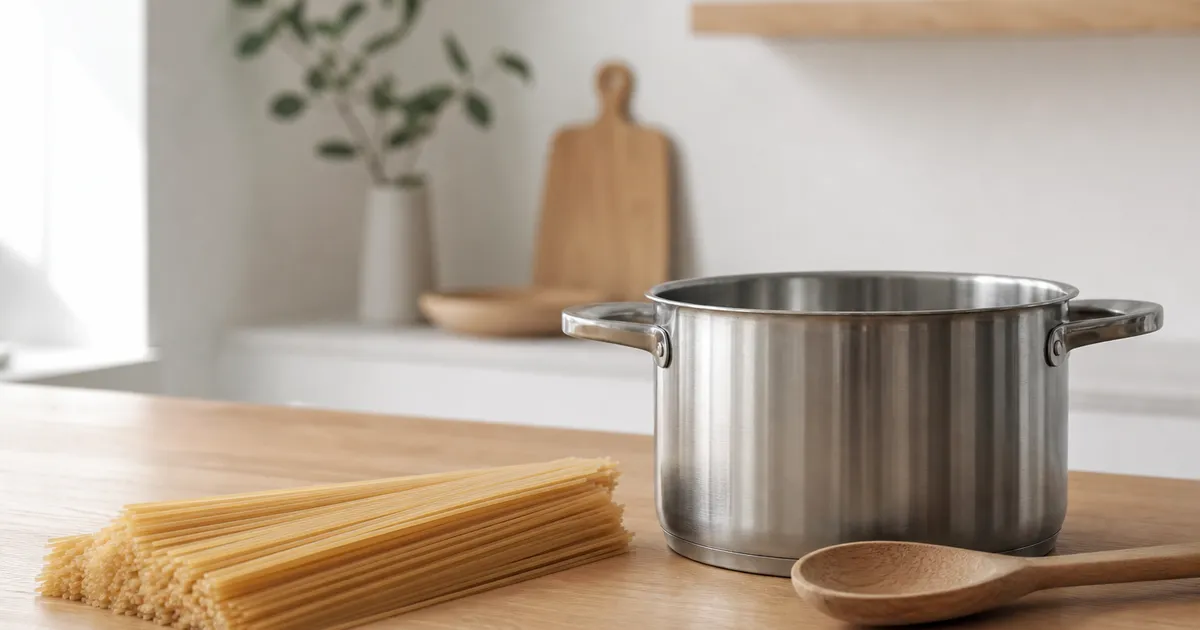 Torr spaghetti och en kastrull på en köksbänk