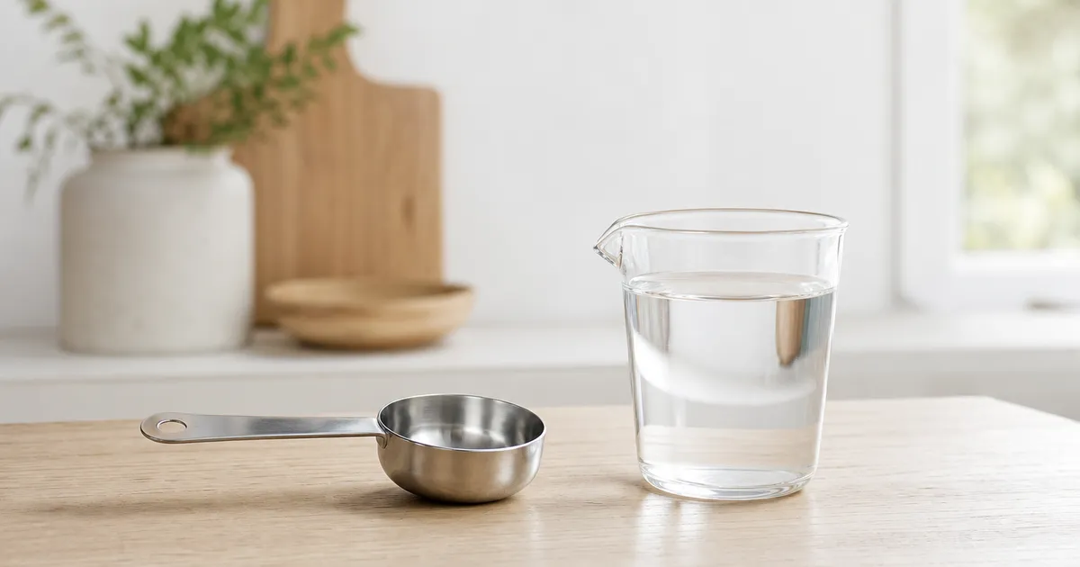 Matsked och mätglas på en ljus träbänk