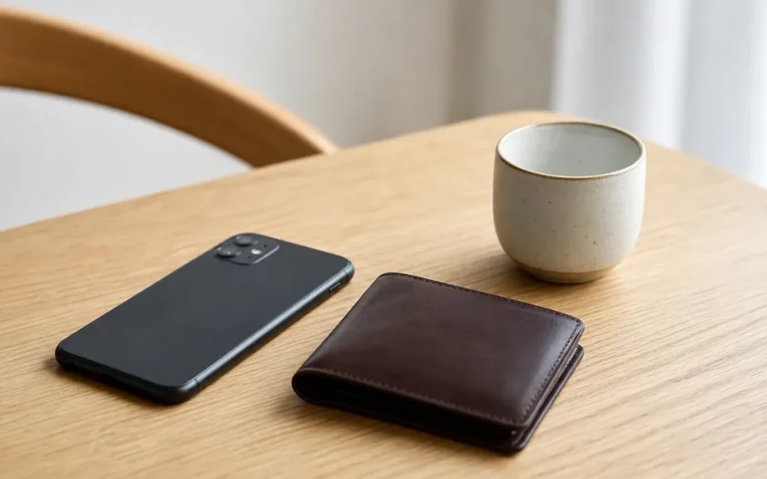 Smartphone och plånbok på ett trämöbel