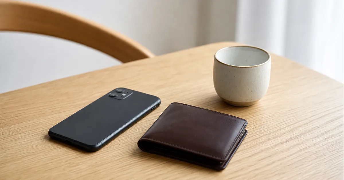 Smartphone och plånbok på ett trämöbel