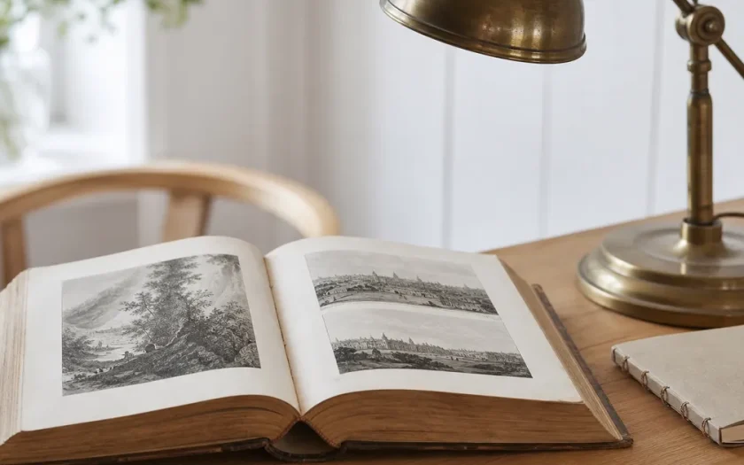 Öppen historiebok på ett trämöbel bredvid en mässingslampa