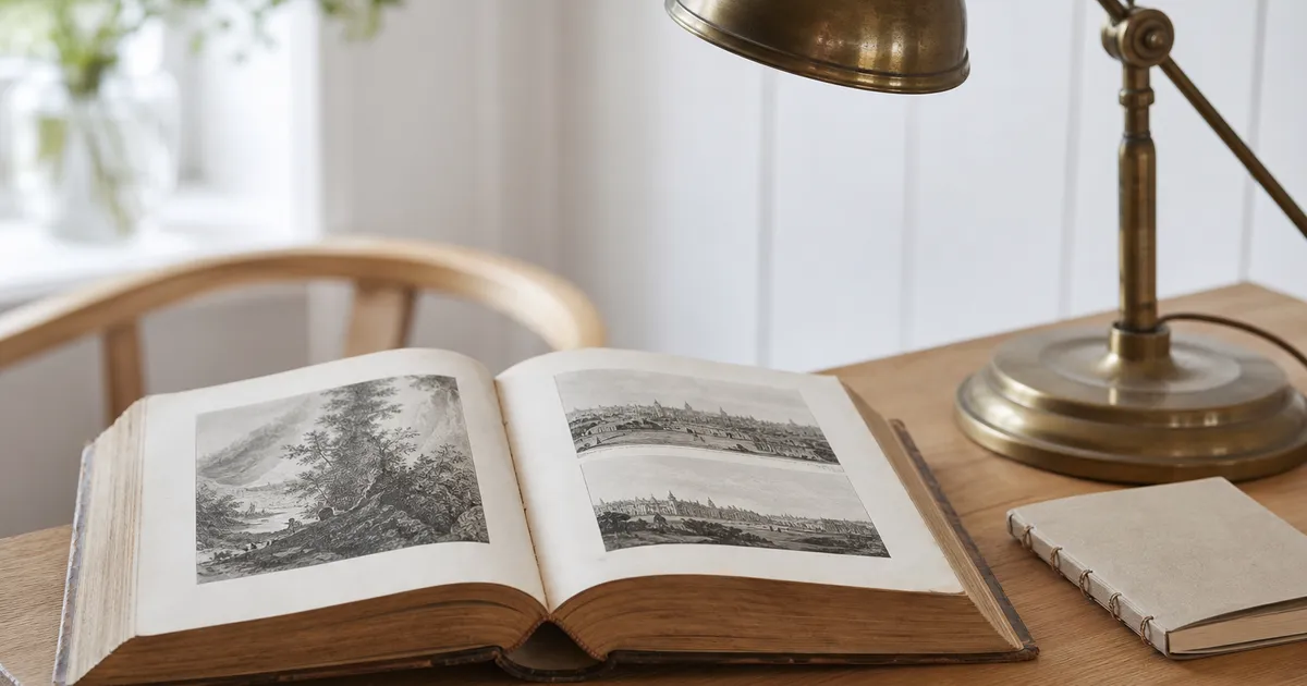 Öppen historiebok på ett trämöbel bredvid en mässingslampa