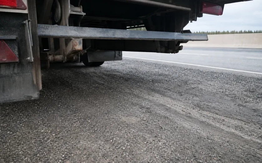 Undersidan av ett lastbilssläp med underkörningsskydd synligt, fotograferat på motorväg