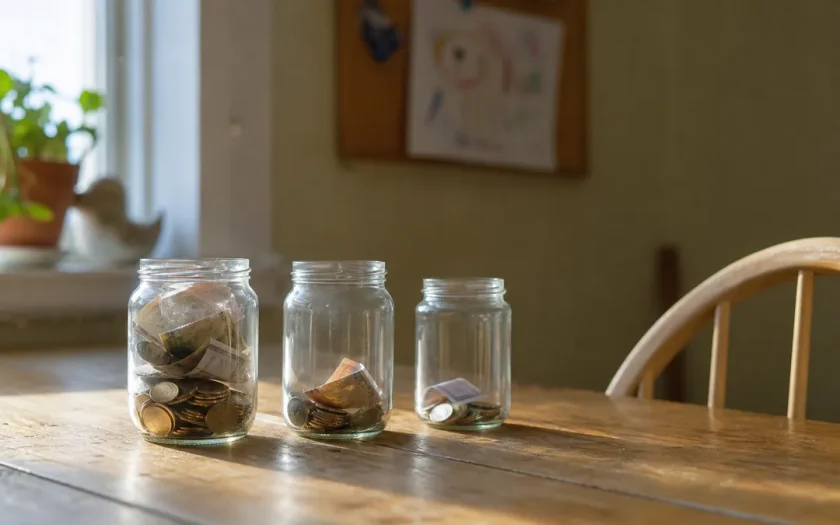 Tre sparburkar med olika mycket mynt, symbol för buffert, pension och barnsparande
