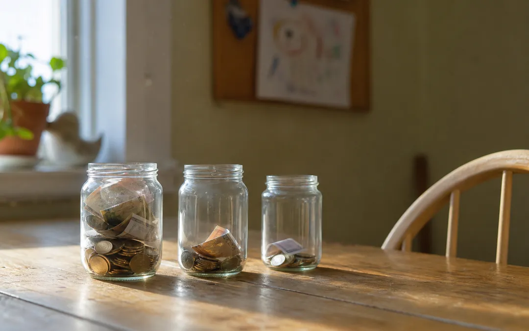 Tre sparburkar med olika mycket mynt, symbol för buffert, pension och barnsparande