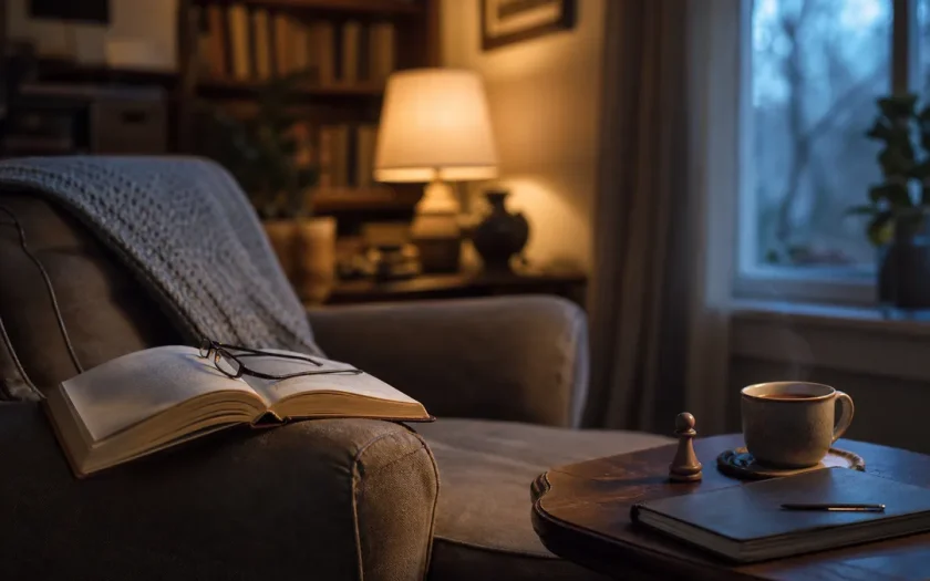Bok, glasögon och anteckningsblock i en läshörna som symboliserar mental ansträngning