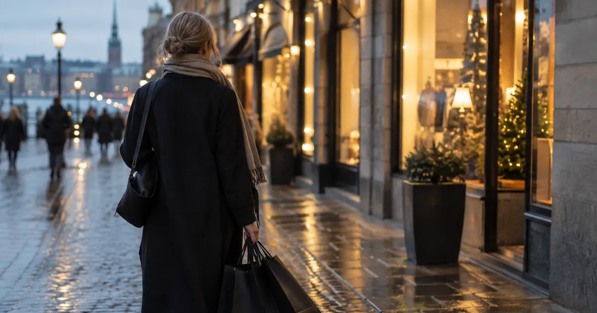 Kvinna med svarta shoppingkassar på en blöt gågata en novemberkväll