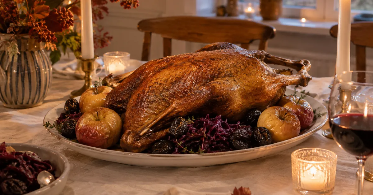 Ugnsstekt gås med äpplen och rödkål på ett dukat bord med levande ljus