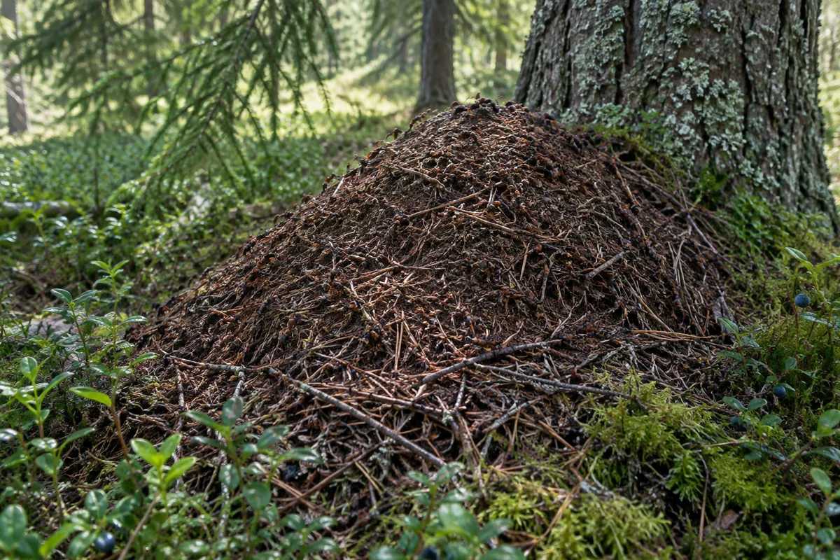 Stor myrstack av barr och små kvistar vid foten av en gran i en svensk barrskog