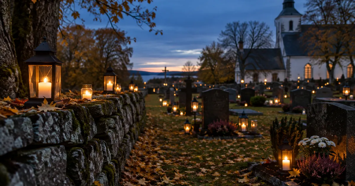 Tända gravljus och lyktor på en kyrkogård i skymningen under allhelgona