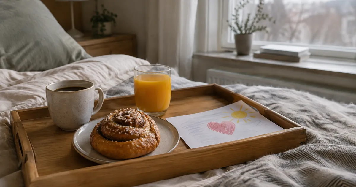 Frukostbricka med kaffe, kanelbulle, juice och en barnteckning på en säng