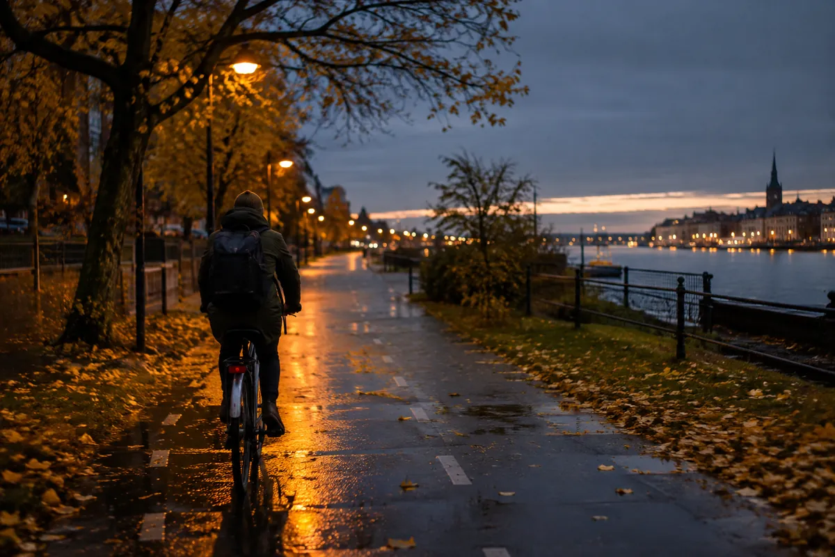 En person cyklar under gatlampor på en blöt cykelväg en mörk höstmorgon.