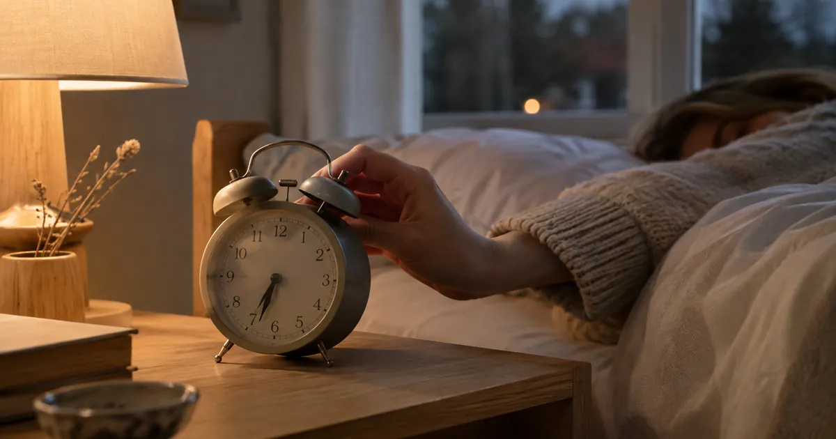 Hand som ställer om en analog väckarklocka på ett nattduksbord en mörk höstmorgon