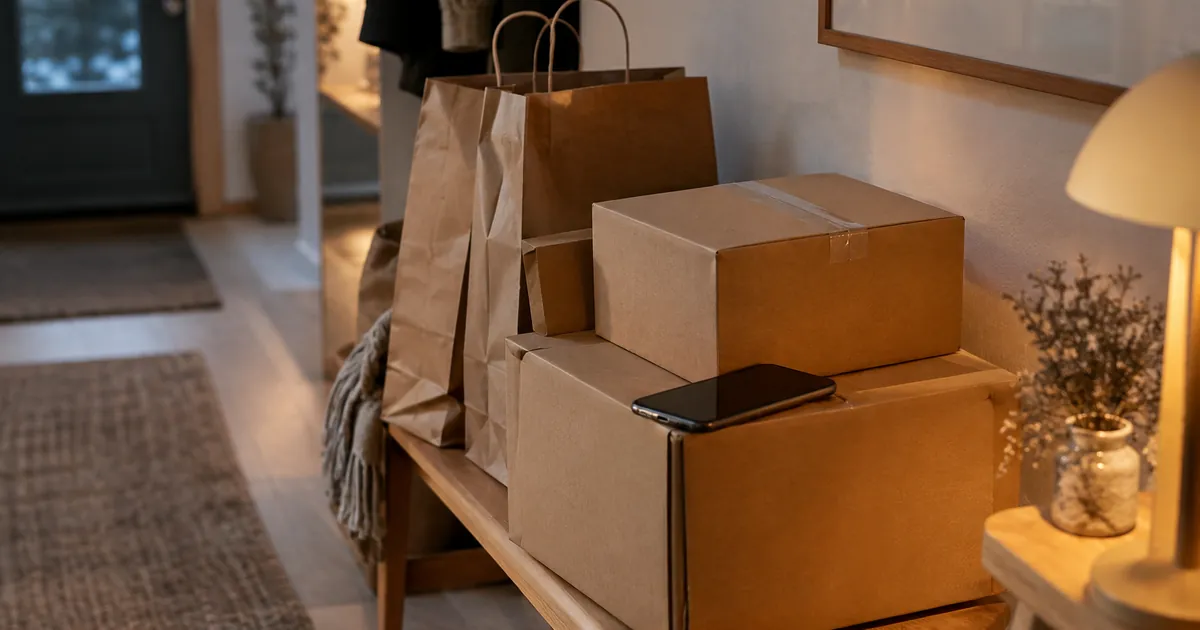 Paket och papperskassar på en bänk i en hall med en mobiltelefon ovanpå